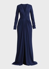 Tadashi Pleated Deep V-Neck Crepe Gown