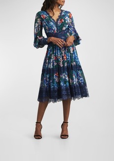 Tadashi Pleated Floral-Print Bishop-Sleeve Midi Dress