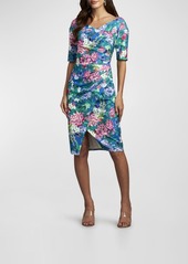 Tadashi Pleated Floral-Print Elbow-Sleeve Midi Dress