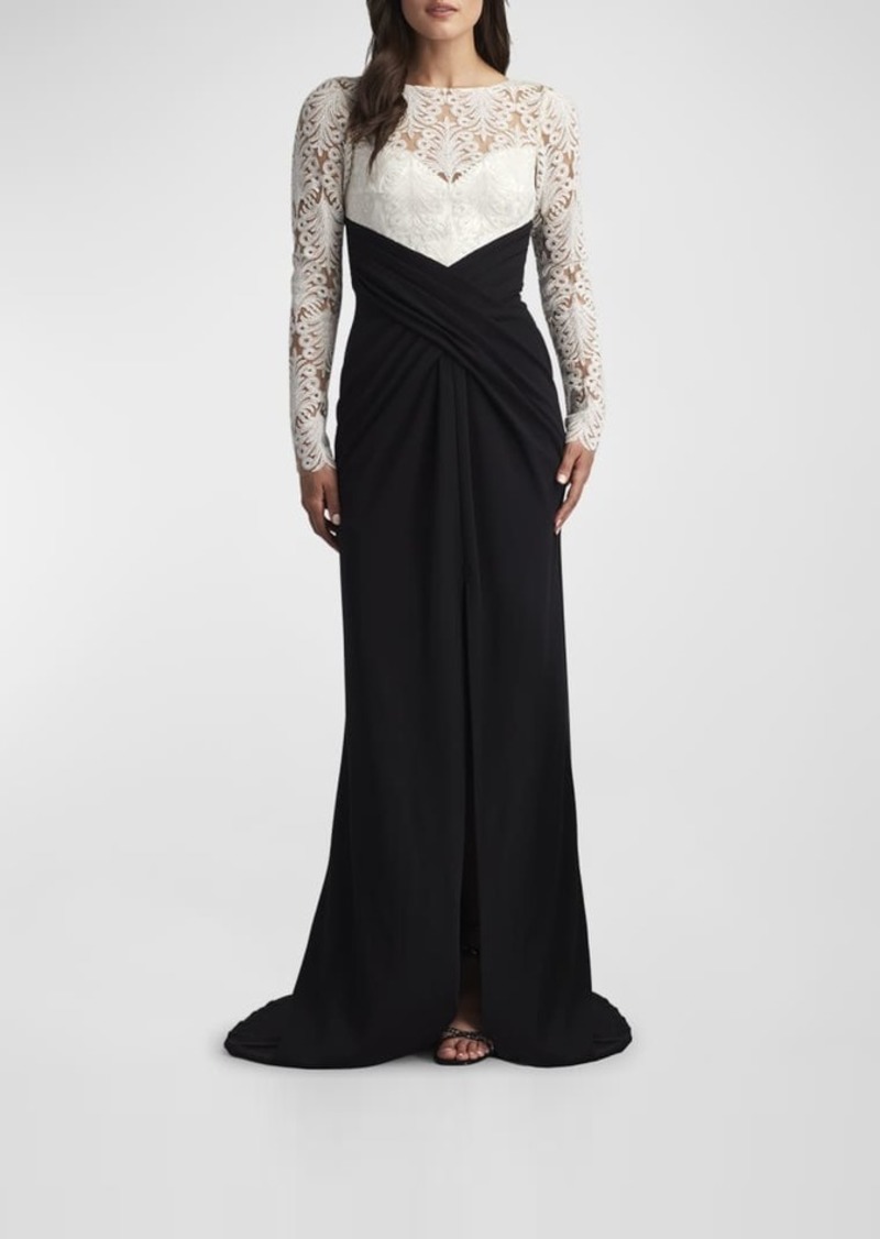 Tadashi Pleated Two-Tone Crepe & Lace Column Gown