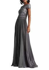 Tadashi Sequin Corded Lace Pleated Chiffon Gown