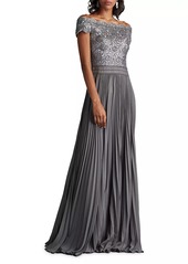 Tadashi Sequin Corded Lace Pleated Chiffon Gown