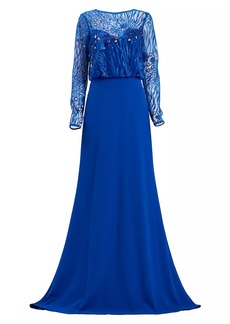 Tadashi Sequined Lace Blouson Illusion Gown