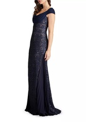 Tadashi Sequined Lace Draped A-Line Gown