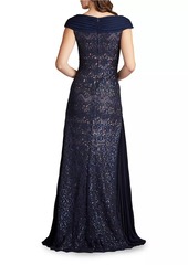 Tadashi Sequined Lace Draped A-Line Gown