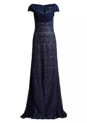 Tadashi Sequined Lace Draped A-Line Gown