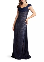 Tadashi Sequined Lace Draped A-Line Gown