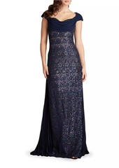 Tadashi Sequined Lace Draped A-Line Gown