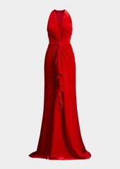 Tadashi Sleeveless Twist-Front Ruffle Velvet Gown