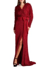 Tadashi Shoji Allover Fringe Long Sleeve Gown