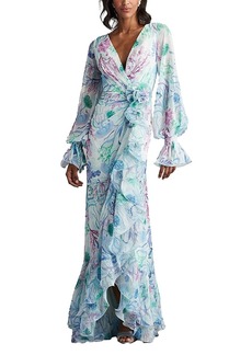 Tadashi Shoji Byne Bishop Sleeve Oceanic Print Ruffle Gown