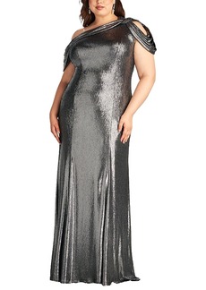 Tadashi Shoji Copley Shoulder Drape Lame Gown