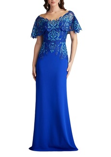 Tadashi Shoji Deming Ruffled Sleeve Illusion Gown - Blue