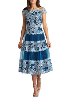 Tadashi Shoji Embroidered Floral Lace Pleated Off the Shoulder Dress
