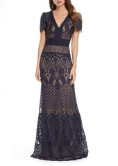 Tadashi Shoji Embroidered Lace Evening Gown in Navy/Nude at Nordstrom