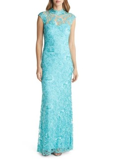 Tadashi Shoji Embroidered Lace Mock Neck Gown in Frosted Jade at Nordstrom