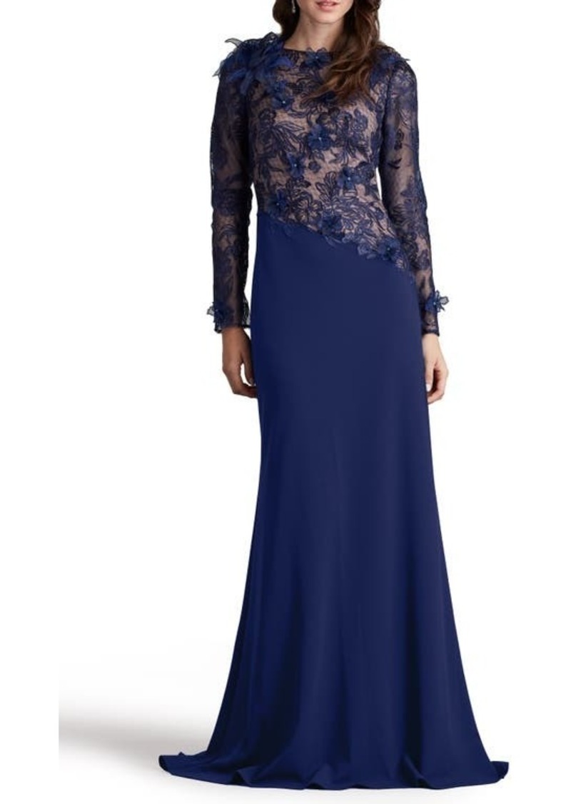 Tadashi Shoji Floral Embroidery Long Sleeve Lace Gown