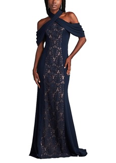 Tadashi Shoji Kato Embroidered Off-Shoulder Halter Gown