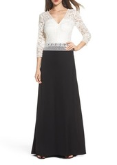 Tadashi Shoji Lace & Crepe A-Line Gown in White/Black at Nordstrom