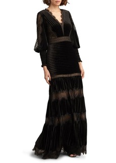 Tadashi Shoji Long Sleeve Lace Inset Velvet A-Line Gown