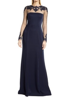 Tadashi Shoji Nevelson Long Sleeve Illusion Gown in Royal Navy at Nordstrom