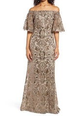 Tadashi Shoji Off the Shoulder Bell Sleeve Lace Sequin Fit & Flare Gown in Pumice at Nordstrom
