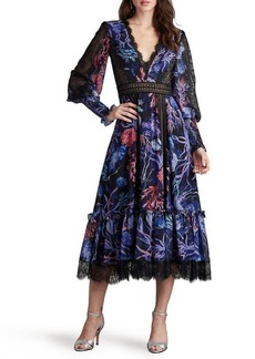 Tadashi Shoji Print Lace Trim Long Sleeve Midi Dress