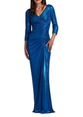 Tadashi Shoji Ruched Metallic Three-Quarter Sleeve Gown