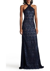 Tadashi Shoji Sequin Embellished Halter Neck Gown