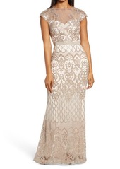 Tadashi Shoji Sequin Illusion Lace Gown in Sand/Petal at Nordstrom