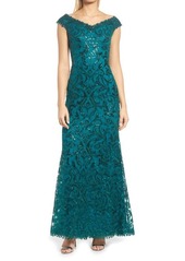 Tadashi Shoji Sequin Lace V-Neck Fit & Flare Gown in Cerulean at Nordstrom