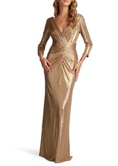 Tadashi Shoji Twist Front Metallic Long Sleeve Gown