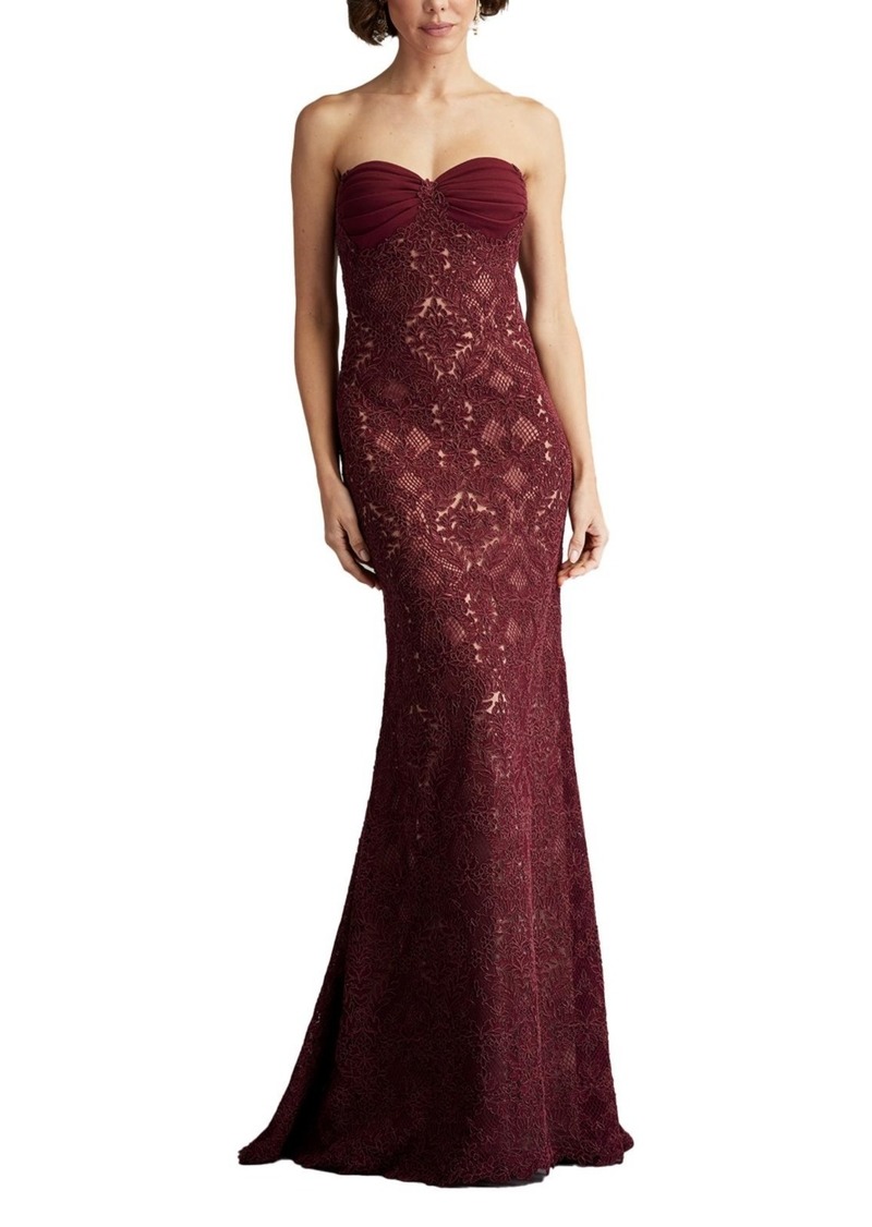 Tadashi Shoji Women's Kohli Strapless Lattice Embroidered Gown - Wine