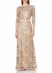 Tadashi Shoji Women's Sequin Embroidered Gown with 3/ Sleeve and Belt