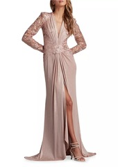 Tadashi V-Neck Metallic Jersey Gown