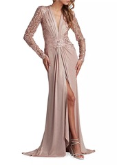 Tadashi V-Neck Metallic Jersey Gown