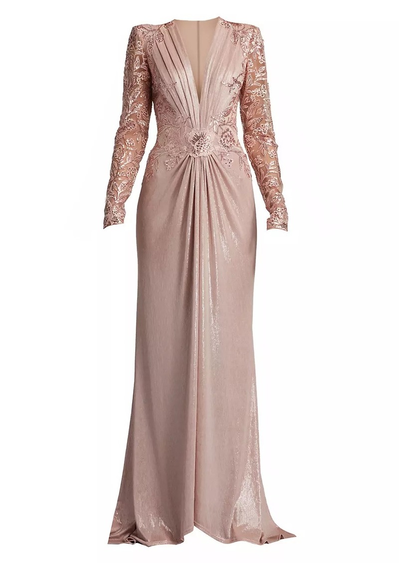 Tadashi V-Neck Metallic Jersey Gown