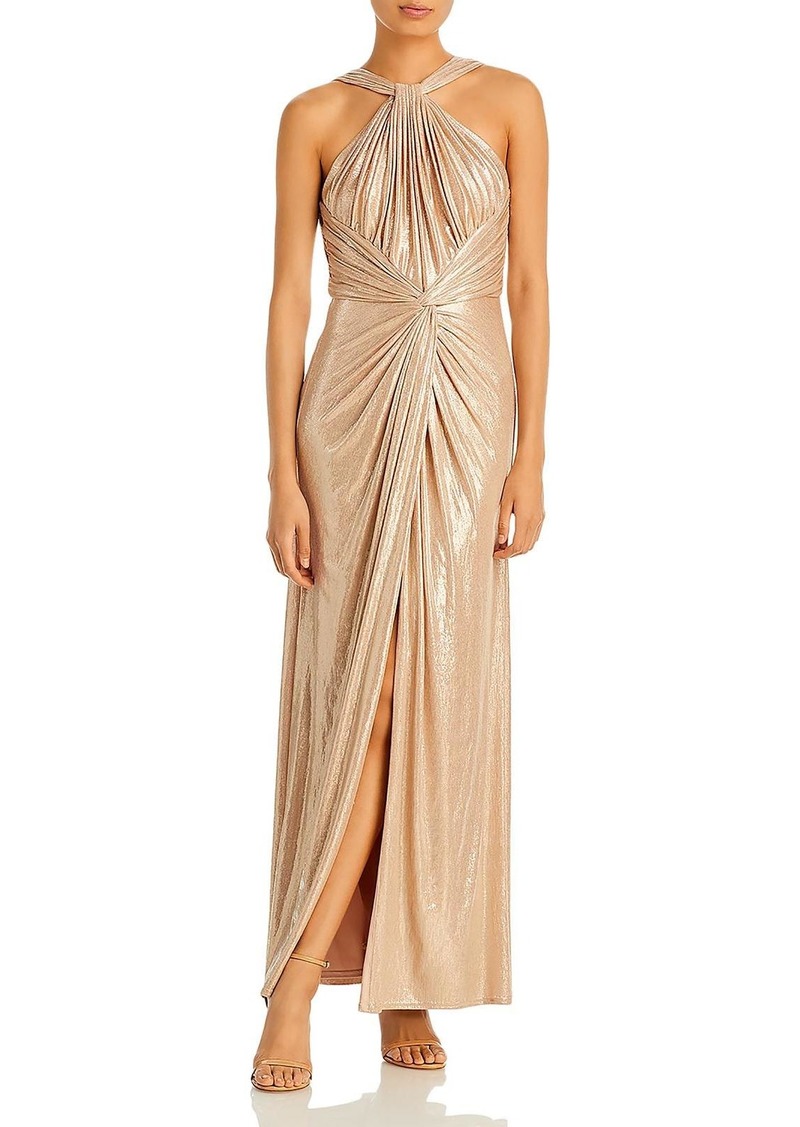 Tadashi Womens Metallic Halter Evening Dress