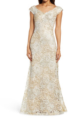 Tadashi Shoji Cap Sleeve Embroidered Lace Gown in White/gold at Nordstrom