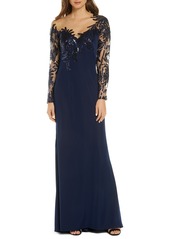 Tadashi Shoji Sequin & Lace Long Sleeve Evening Gown in Navy at Nordstrom