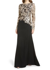 Tadashi Shoji Sequin Embroidered Asymmetric Bodice Long Sleeve Gown in Ginseng/Black at Nordstrom