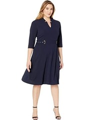 Tahari Elbow Sleeve Stretch Crepe Fit-and-Flare Dress with Star Neckline