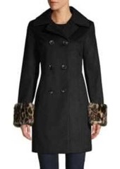 Tahari Faux Fur Cuffs Wool-Blend Double-Breasted Coat