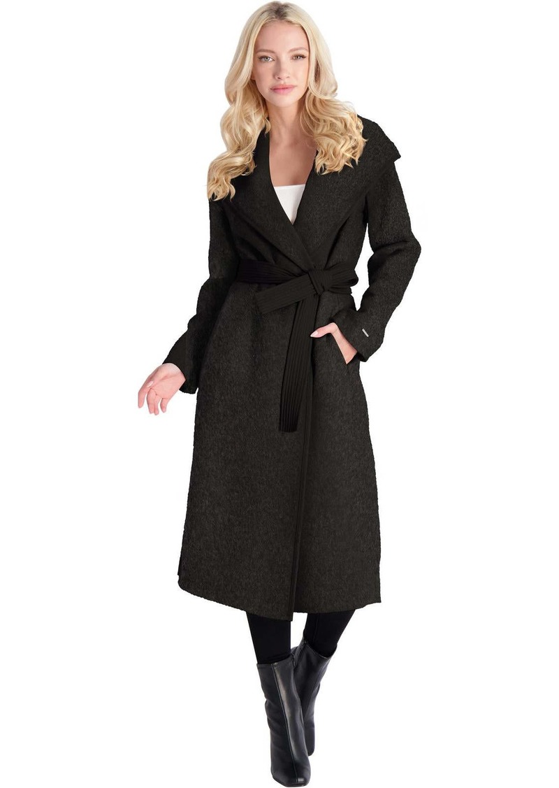 Tahari Juliette Womens Wool Blend Faux Leather Trim Wool Coat