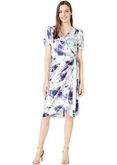 Tahari Printed Stretch Satin Side Tie Dress with Puff Sleeve Detail