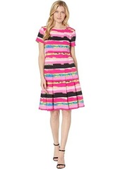 Tahari Short Sleeve Abstract Stripe Stretch Scuba Crepe Fit-and-Flare Dress w/ Pleats