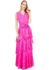 Tahari Surplus Clipped Chiffon Floral Tiered Gown