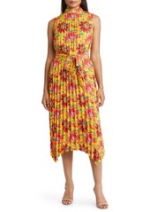 Tahari ASL Floral Pleat Tie Waist Dress