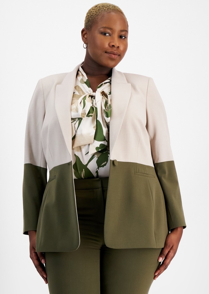 Tahari Asl Plus Size Colorblocked Boyfriend Blazer - Sand/loden