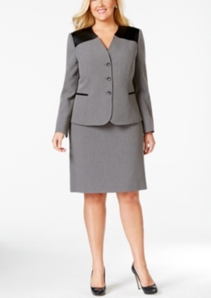 Tahari Tahari Asl Plus Size Faux-Leather Trim Skirt Suit | Suits